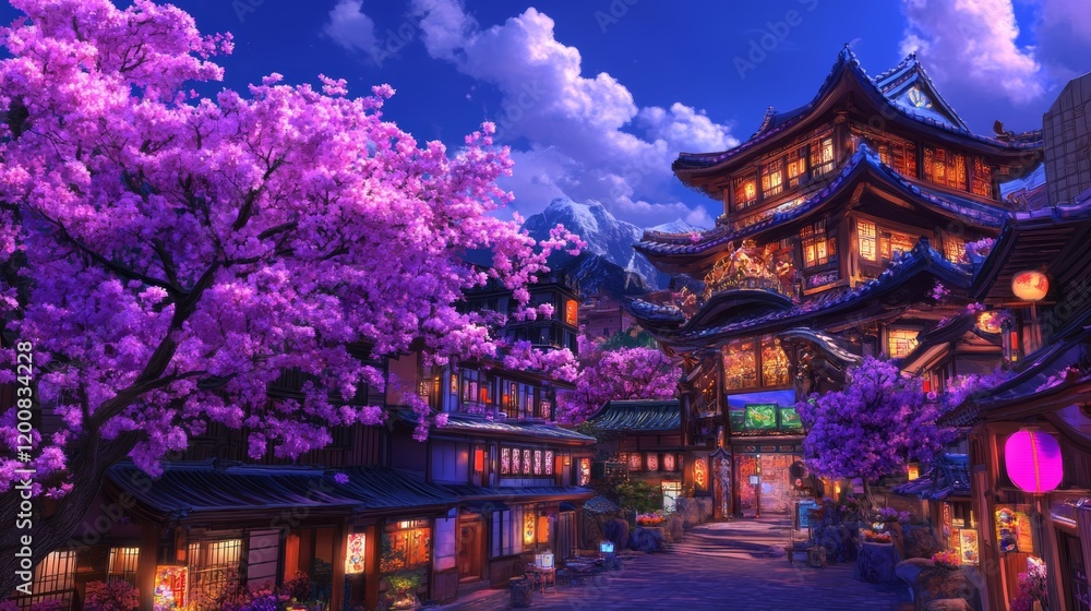Fototapeta premium Evening Serenity Asian Town, Cherry Blossoms, Mountain View