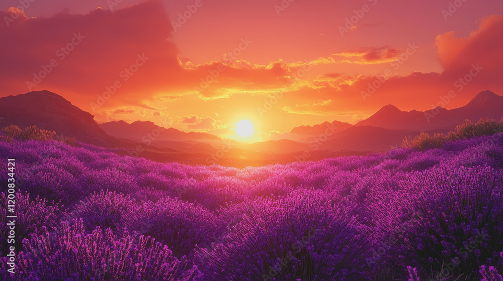 Fototapeta premium Stunning sunset over lavender fields with vibrant colors and scenic landscape in the background perfect for relaxation and nature lovers capturing beautiful scenic views at dusk