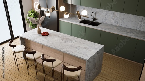 A modern kitchen featuring a large marble island, stylish seating, green cabinetry, and contemporary lighting. 3d rendering dining top view.
