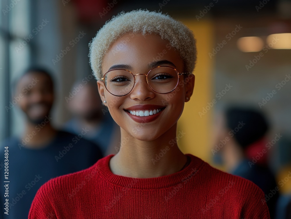 Obraz premium Smiling Woman with Short Curly Hair and Glasses in Indoor Setting