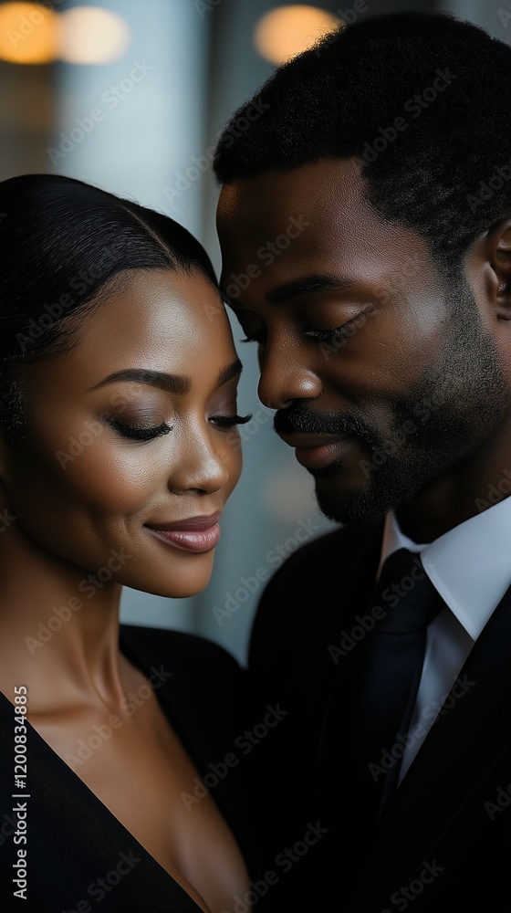 In a high-rise office after hours, a Black couple in professional attire shares an intimate moment, surrounded by the glow of city lights, creating a modern romantic atmosphere In a high-rise office after hours, a Black couple in professional attire shares an intimate moment, surrounded by the glow of city lights, creating a modern romantic atmosphere