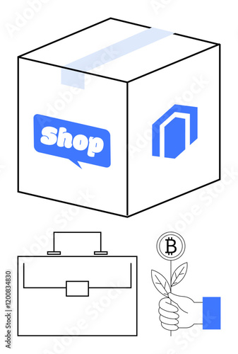 Box with a shop logo, building illustration, briefcase, and Bitcoin plant in hand. Ideal for e-commerce, digital trade, investment, business growth, cryptocurrencies innovation abstract line flat