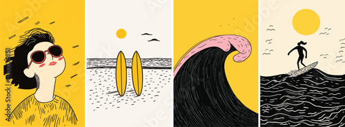 Hand drawn whimsical style summer surfing illustrations
