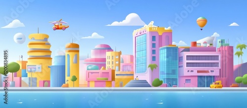 Futuristic Coastal Cityscape: A Vibrant, Whimsical Metropolis by the Sea