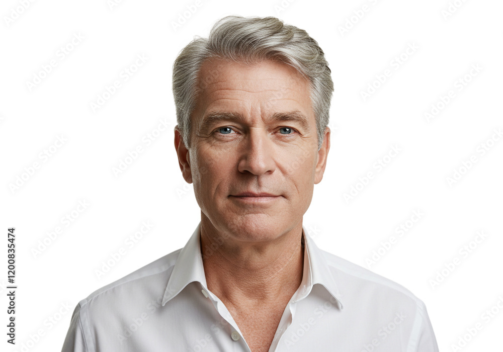Portrait Serious Mature Man Gray Hair White Shirt Studio Face Male Adult Model Image Photo Human    
