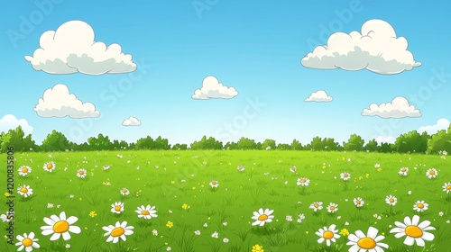 Serene Spring Meadow with Daisies under a Blue Sky