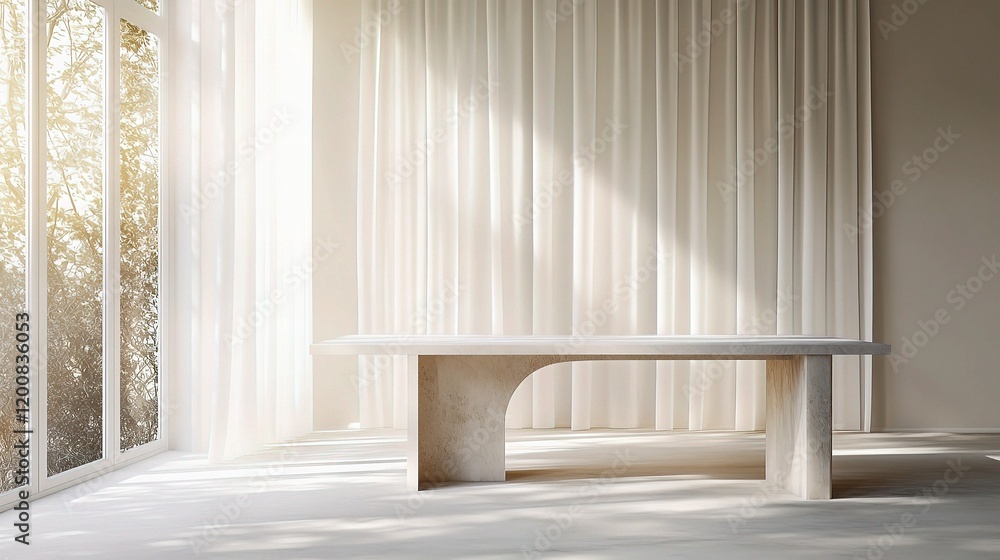 Fototapeta premium Modern Minimalist Interior Design: A pristine white stone table with a contemporary, abstract design stands against a backdrop of flowing curtains.