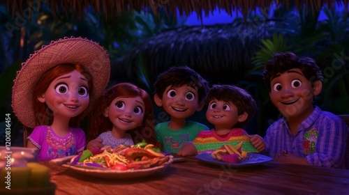 Family Dinner Tropical Night Animated Film Scene