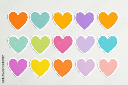 This vibrant set of heart-shaped stickers features various colors, ideal for designers, artists, and craft enthusiasts to enhance their creative projects and decorations