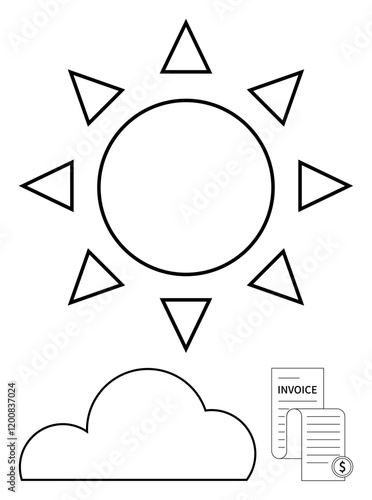 Sun with triangular rays shining above a cloud and invoices with a coin. Ideal for financial services, weather reports, cloud computing, billing systems, renewable energy, economic forecasts, climate