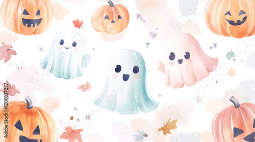 The image features a delightful Halloween-themed pattern with three cute, smiling ghosts in blue, green, and pink hues, surrounded by smiling jack-o'-lanterns, autumn leaves, and soft watercolor splas