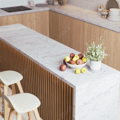 A modern kitchen featuring a marble countertop, wooden accents, a bowl of apples, and a decorative plant on the island. 3d rendering.