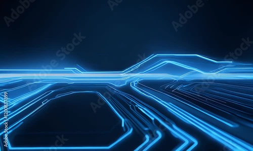 A futuristic digital circuit board glowing with blue light, representing advanced technology, data flow, and interconnected systems in cyberspace.
