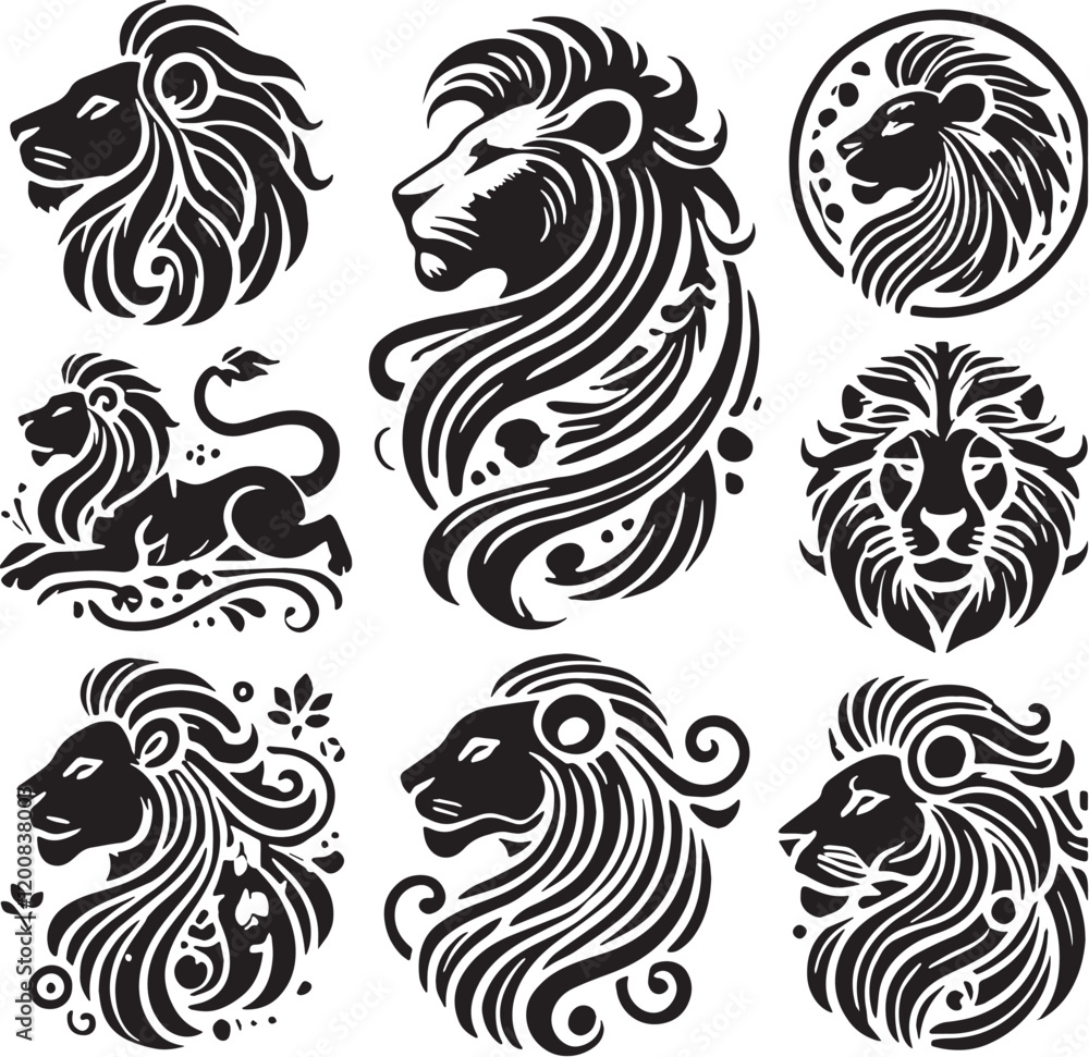 Obraz premium Black Color Lion Silhouette Vector Illustration, Solid White Background