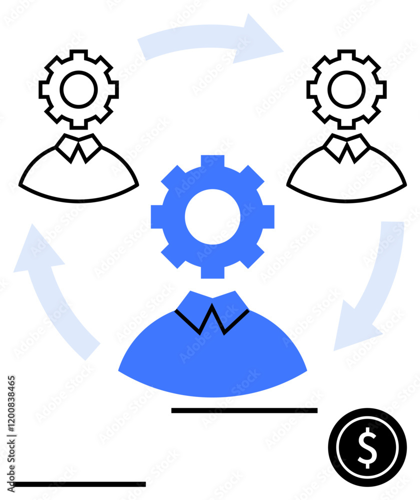 Three gear-headed figures connected by workflow arrows and money symbol representing teamwork, efficiency, and profitability. Ideal for business processes, innovation, automation, finance, teamwork Three gear-headed figures connected by workflow arrows and money symbol representing teamwork, efficiency, and profitability. Ideal for business processes, innovation, automation, finance, teamwork