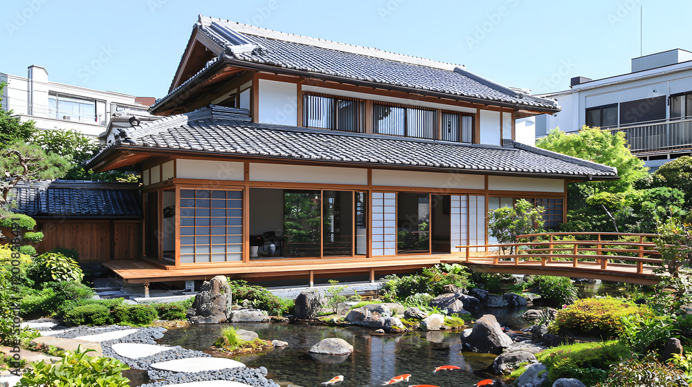 Fototapeta premium Japanese Inspired House with Serene Garden and Clear Blue Sky