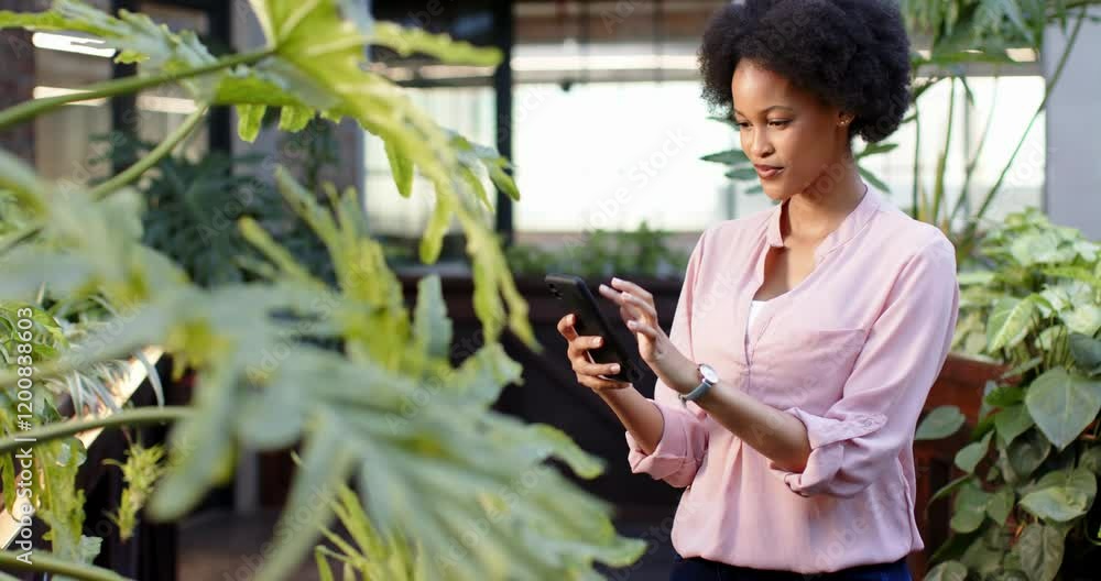 Checking messages using smartphone, businesswoman in greenhouse surrounded by plants Checking messages using smartphone, businesswoman in greenhouse surrounded by plants