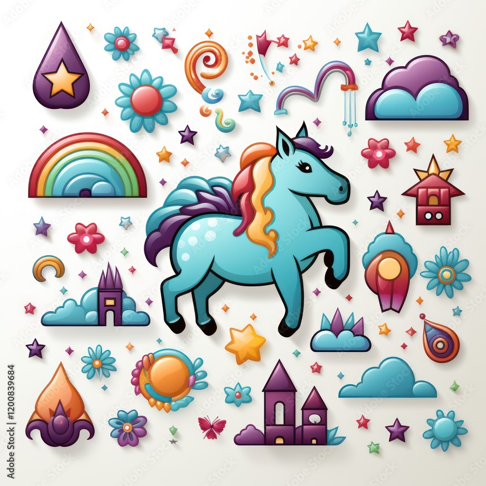 Adorable Unicorn and Rainbow Icon Set in a Whimsical Style By Generated AI Adorable Unicorn and Rainbow Icon Set in a Whimsical Style By Generated AI