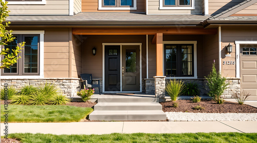 Modern House Exterior with Stone Accents and Landscaped Yard. A beautiful contemporary home design featuring a welcoming entrance and well-maintained landscaping.