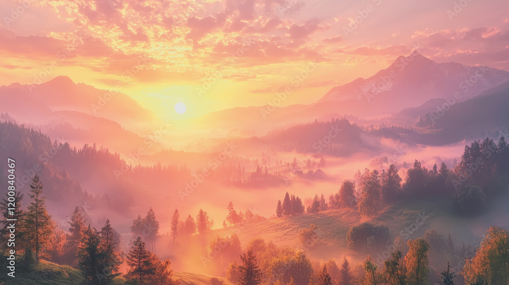 Obraz premium Breathtaking sunset over majestic mountain range with lush forest in foreground dramatic colors serene landscape natures beauty peaceful atmosphere outdoor adventure scenic viewpoint