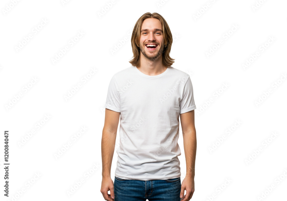Fototapeta premium Happy Smiling Man White TShirt Casual Portrait Studio Guy Male Face Model Black Young Adult Image 