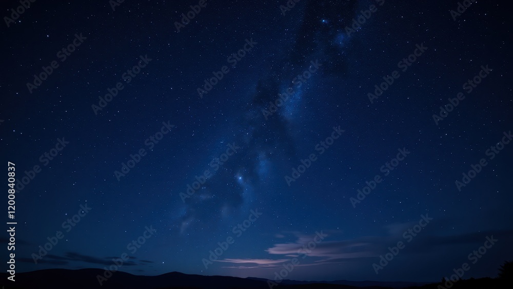 Fototapeta premium A mesmerizing midnight canvas reveals a deep indigo sky speckled with twinkling stars. The Milky Way arches majestically at its heart, weaving an ethereal path across the heavens