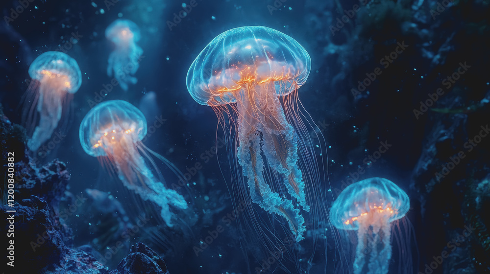 Jellyfish floating gracefully in the deep blue sea underwater marine life ocean environment colorful creatures ethereal beauty aquatic habitat natures artistry tranquil scene mystical Jellyfish floating gracefully in the deep blue sea underwater marine life ocean environment colorful creatures ethereal beauty aquatic habitat natures artistry tranquil scene mystical