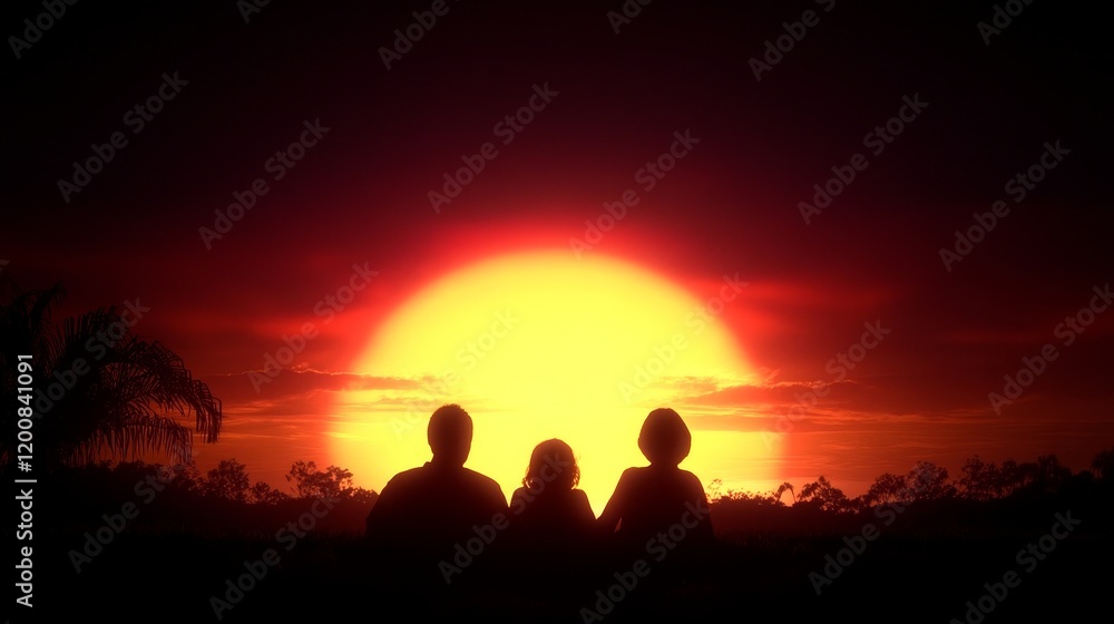 Fototapeta premium Family Silhouettes at Sunset, Peaceful Golden Hour