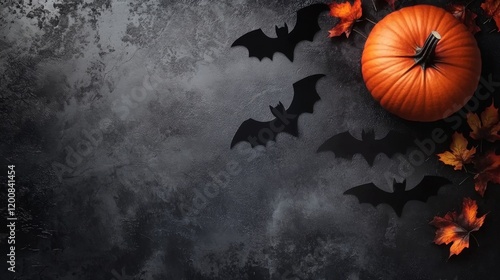 Halloween background with spooky pumpkins, flying bats, and eerie fog, perfect for festive seasonal decorations, spooky celebrations, and halloween-themed designs.

 photo