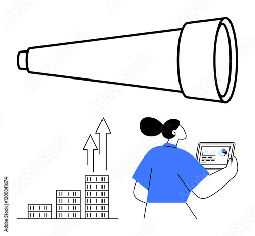 Large telescope, bar chart with growth arrows, woman holding laptop evaluating analytics. Ideal for business strategy, financial growth, vision, planning, data analysis, leadership abstract line