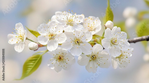 Cherry Blossom Delights: A delicate cluster of pristine white cherry blossoms, adorned with subtle yellow centers, bursts forth on a spring branch, symbolizing renewal and tranquility.