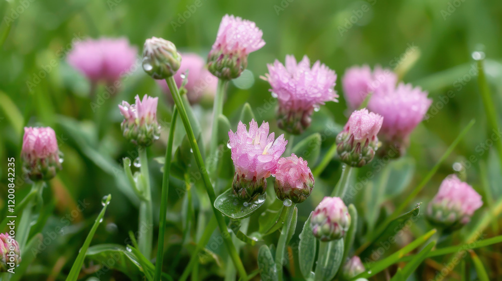 Delicate pink wildflowers with dew on green grass create serene scene Delicate pink wildflowers with dew on green grass create serene scene