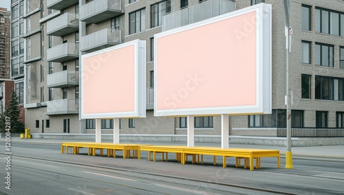 Wallpaper Mural Apartment building background with a blank pink billboard framed against cozy decor. Torontodigital.ca