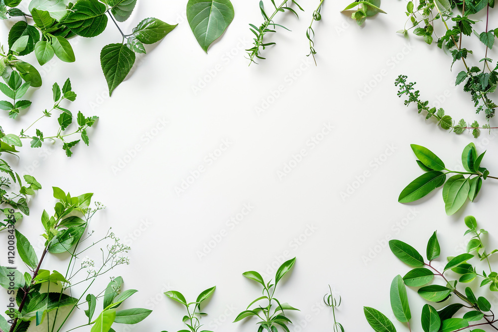 Fresh Green Leaves on White Background with Copy Space for Text Fresh Green Leaves on White Background with Copy Space for Text