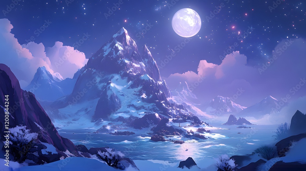 Serene Winter Landscape With Snowy Mountains and Full Moon Serene Winter Landscape With Snowy Mountains and Full Moon