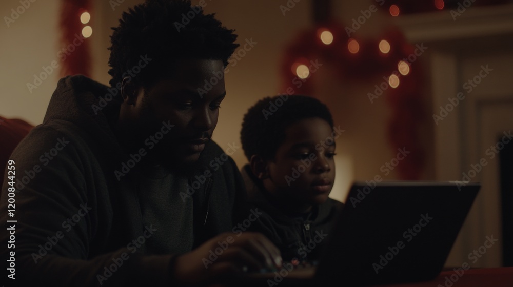 Father and Son Sharing a Laptop at Night Father and Son Sharing a Laptop at Night