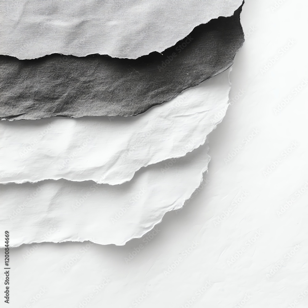 Layered textured paper in black, white, and gray on a white isolated background. Layered textured paper in black, white, and gray on a white isolated background.