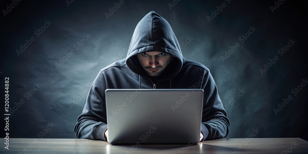 Black Hat hacker in a hoodie with a laptop, cybercrime, unethical, illegal, hacking, cybersecurity, criminal, technology Black Hat hacker in a hoodie with a laptop, cybercrime, unethical, illegal, hacking, cybersecurity, criminal, technology