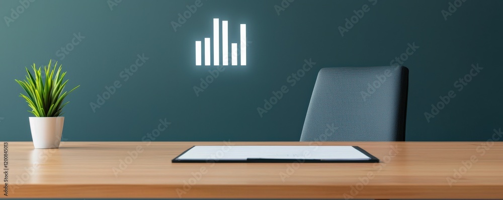 security researchers risk assessment concept. Modern office desk with a plant and a digital bar graph on the wall, creating a professional atmosphere. security researchers risk assessment concept. Modern office desk with a plant and a digital bar graph on the wall, creating a professional atmosphere.