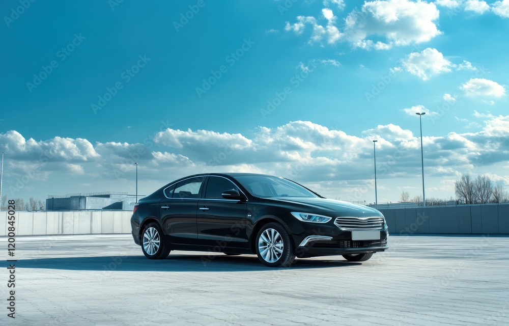 Naklejka premium Sleek Black Sedan Under a Bright Blue Sky