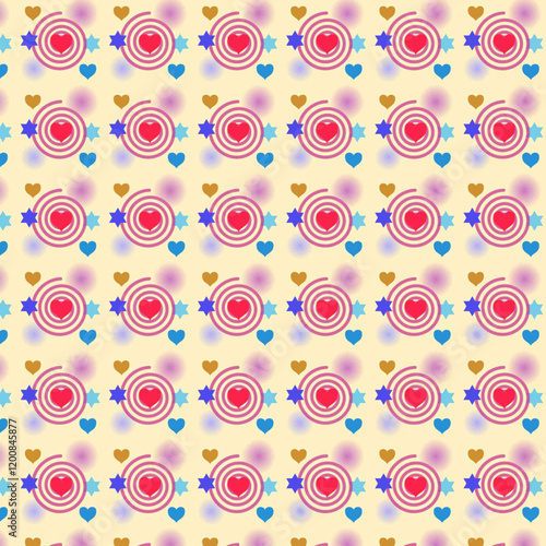 Seamless vector circle and heart pattern design in colorful retro style