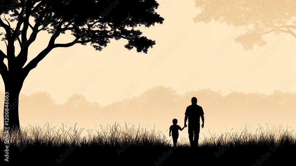 Father Son Silhouetted Stroll Peaceful Sunset Landscape Father Son Silhouetted Stroll Peaceful Sunset Landscape