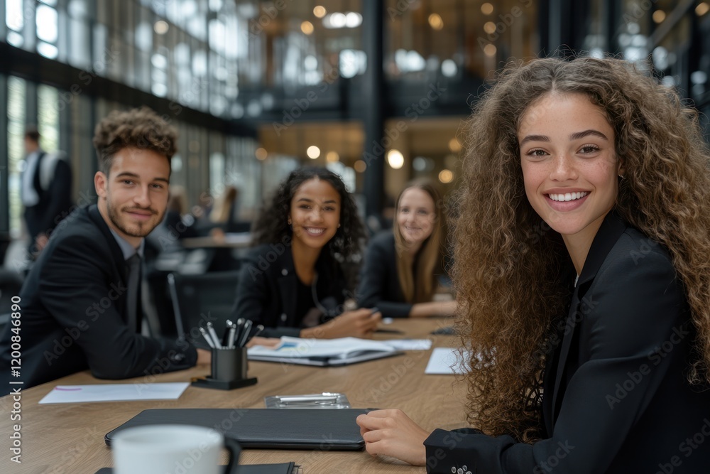 Collaborative Workplace: Diverse Businesspeople Smiling and Working Together Around a Meeting Table in an Office Collaborative Workplace: Diverse Businesspeople Smiling and Working Together Around a Meeting Table in an Office