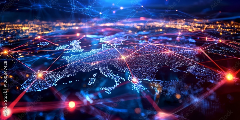Abstract representation of Europe illustrating digital connectivity. Abstract representation of Europe illustrating digital connectivity.