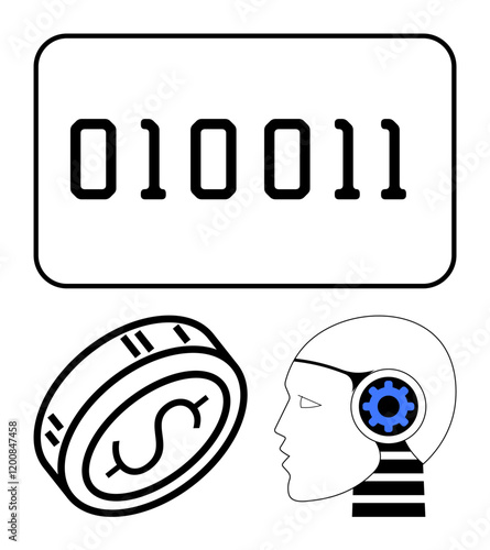 Binary code sequence, digital currency coin and robotic head with gear. Ideal for technology, innovation, AI, digital economy, cryptocurrency, programming futuristic designs. Line metaphor