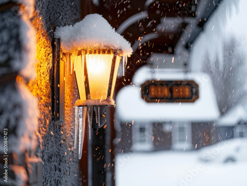 warm, glowing lantern covered in snow, illuminating winter scene photo