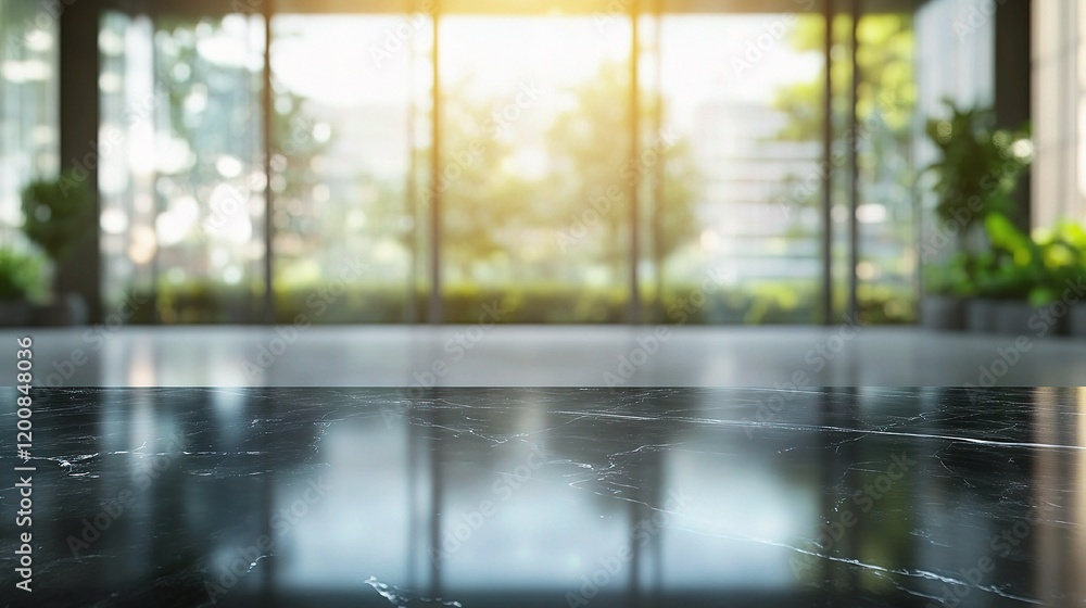Modern Office Lobby with Sunlit View: A sleek, polished black marble floor reflects the sunlight streaming through expansive glass windows. Modern Office Lobby with Sunlit View: A sleek, polished black marble floor reflects the sunlight streaming through expansive glass windows.