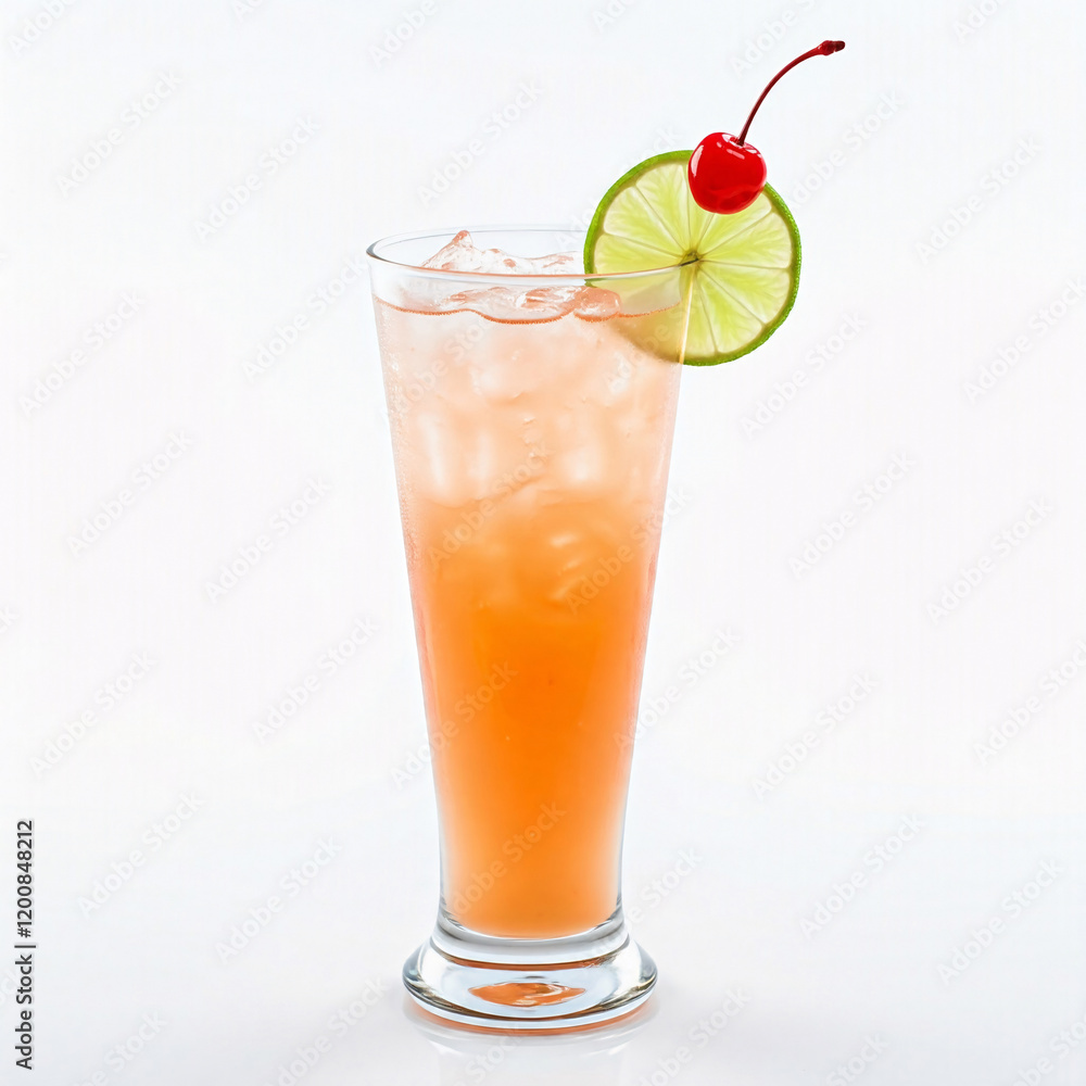 Tequila Sunrise Cocktail with lime and ice on white background Tequila Sunrise Cocktail with lime and ice on white background