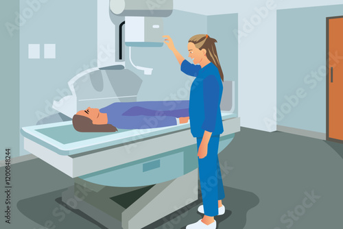X-Ray Technician Working on a Patient in Hospital Vector Illustration