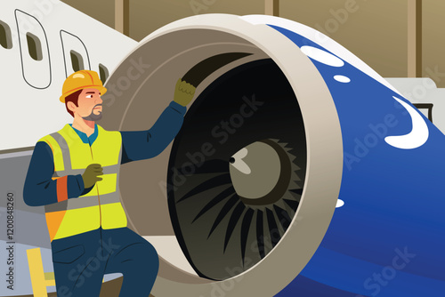 Airplane Maintenance Worker Engineer Technician Working Vector Illustration